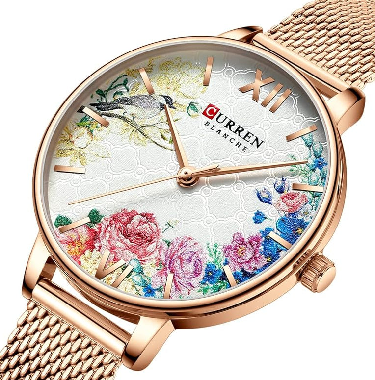 Floral Dial Stainless Steel Women’s Watch