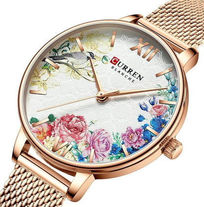 Floral Dial Stainless Steel Women’s Watch