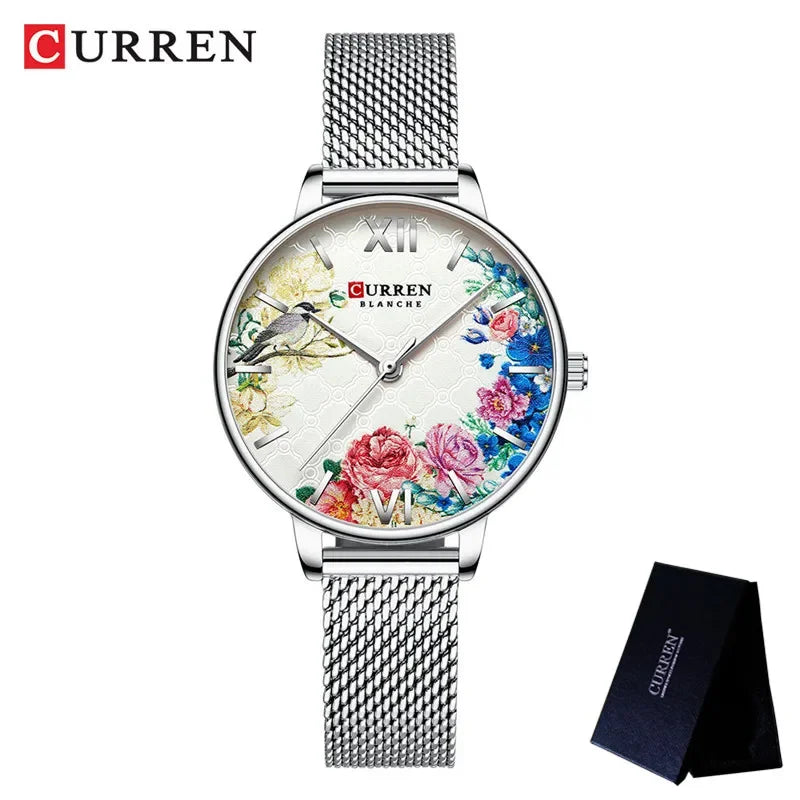 Floral Dial Stainless Steel Women’s Watch