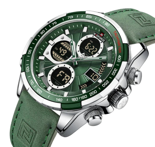 Dual Display Chronograph Leather Sport Watch