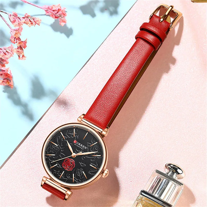 Floral Dial Genuine Leather Women’s Watch