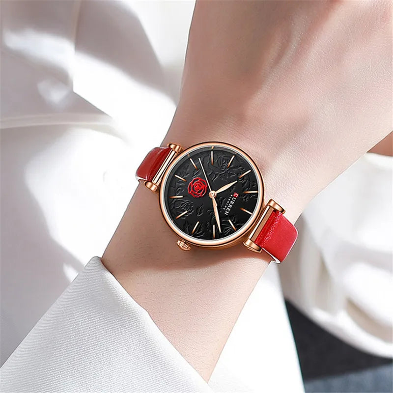 Floral Dial Genuine Leather Women’s Watch