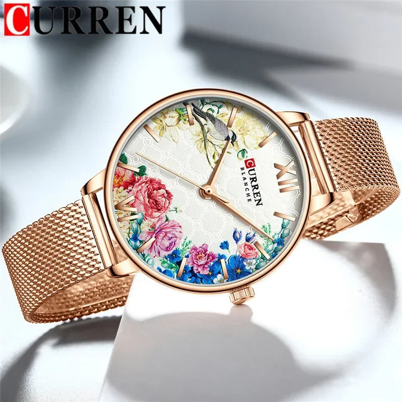 Floral Dial Stainless Steel Women’s Watch